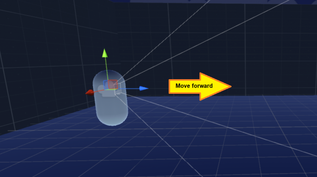 Picture of player GameObject in Unity 3D used to show how it should move when the camera is not looking too high or too low.